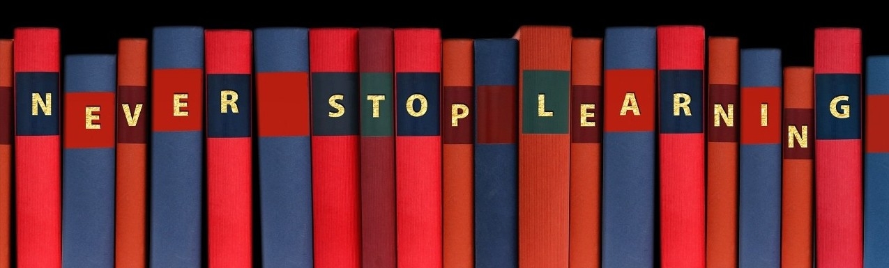 illustration of books on a shelf spelling out Never stop learning