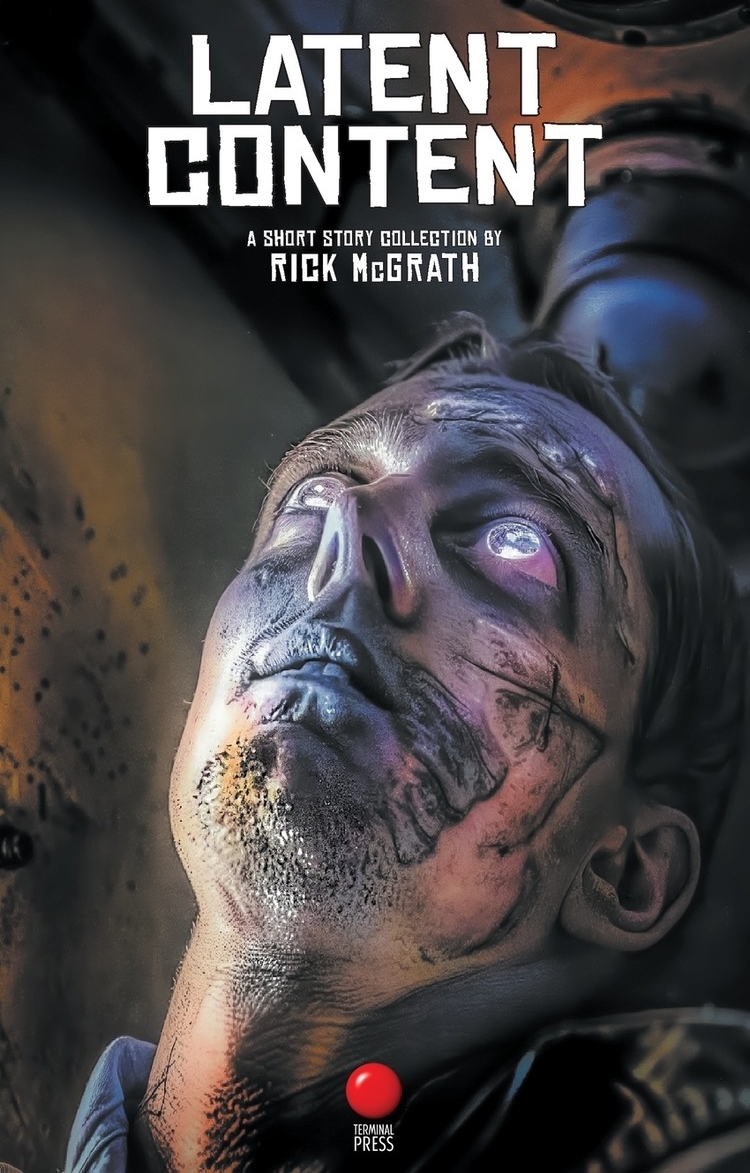 "Latent Content" is the book title; cover art is a man's face with cuts on it