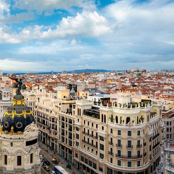 Madrid panoramic aerial view of Gran Via, main shopping street in Madrid, capital of Spain, Europe.
