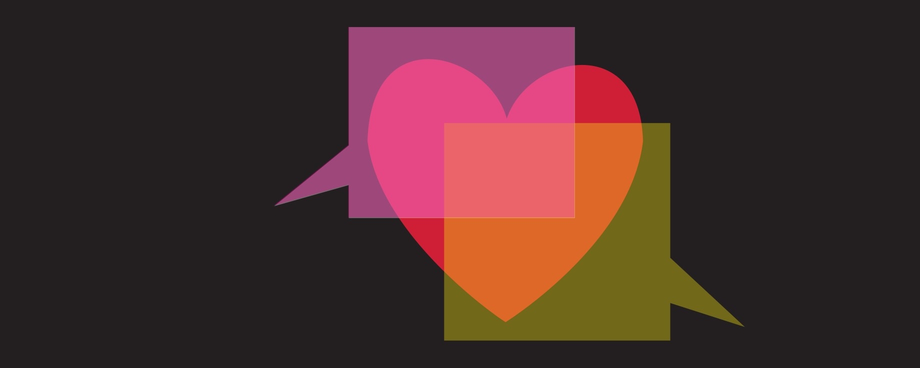 Heart overlayed with two square speech bubbles, one pink, one yellow, on a black background