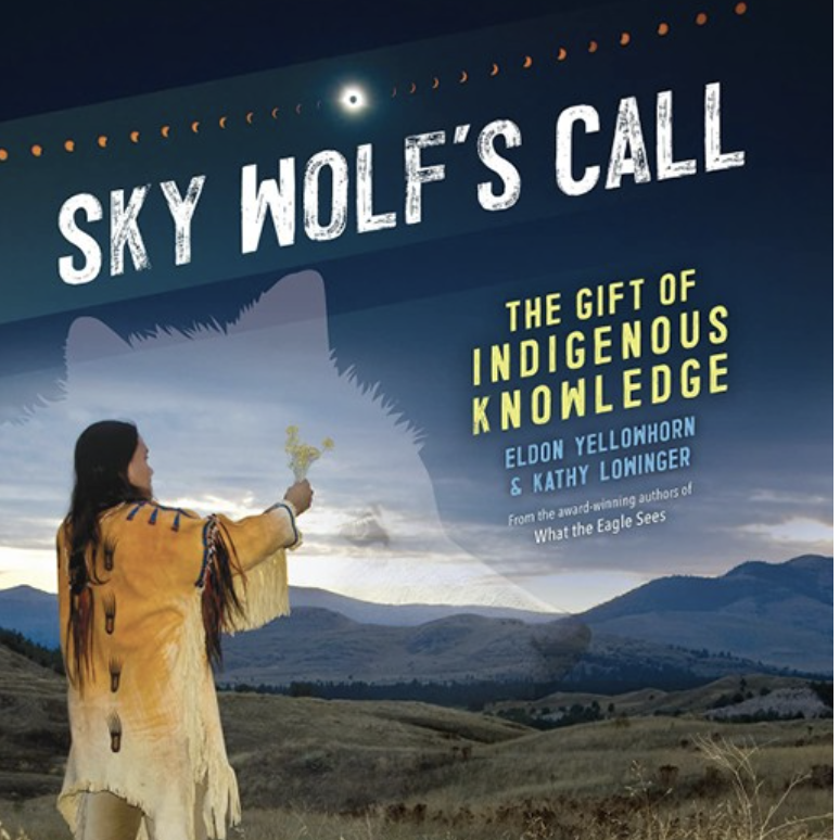 The book cover of Sky Wolf's Call. The image features an Indigenous person standing in a field with a mountain range in the distance. In the sky there is a faint image of a wolf along with the title of the book.
