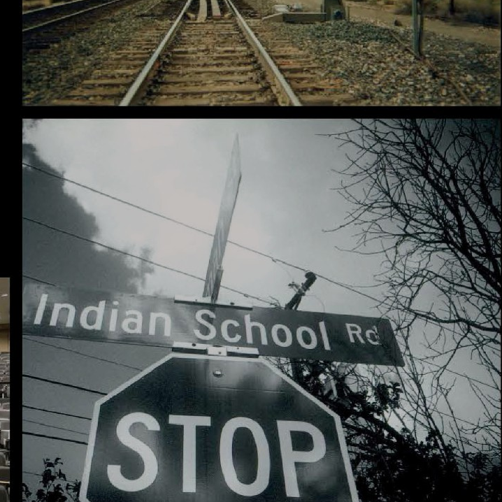 A collage of two photos stacked on top of each other. The first image is of a train track in a sepia tone. The second image below is of a stop sign with the street name "Indian School Road" above. The image is in black and white.