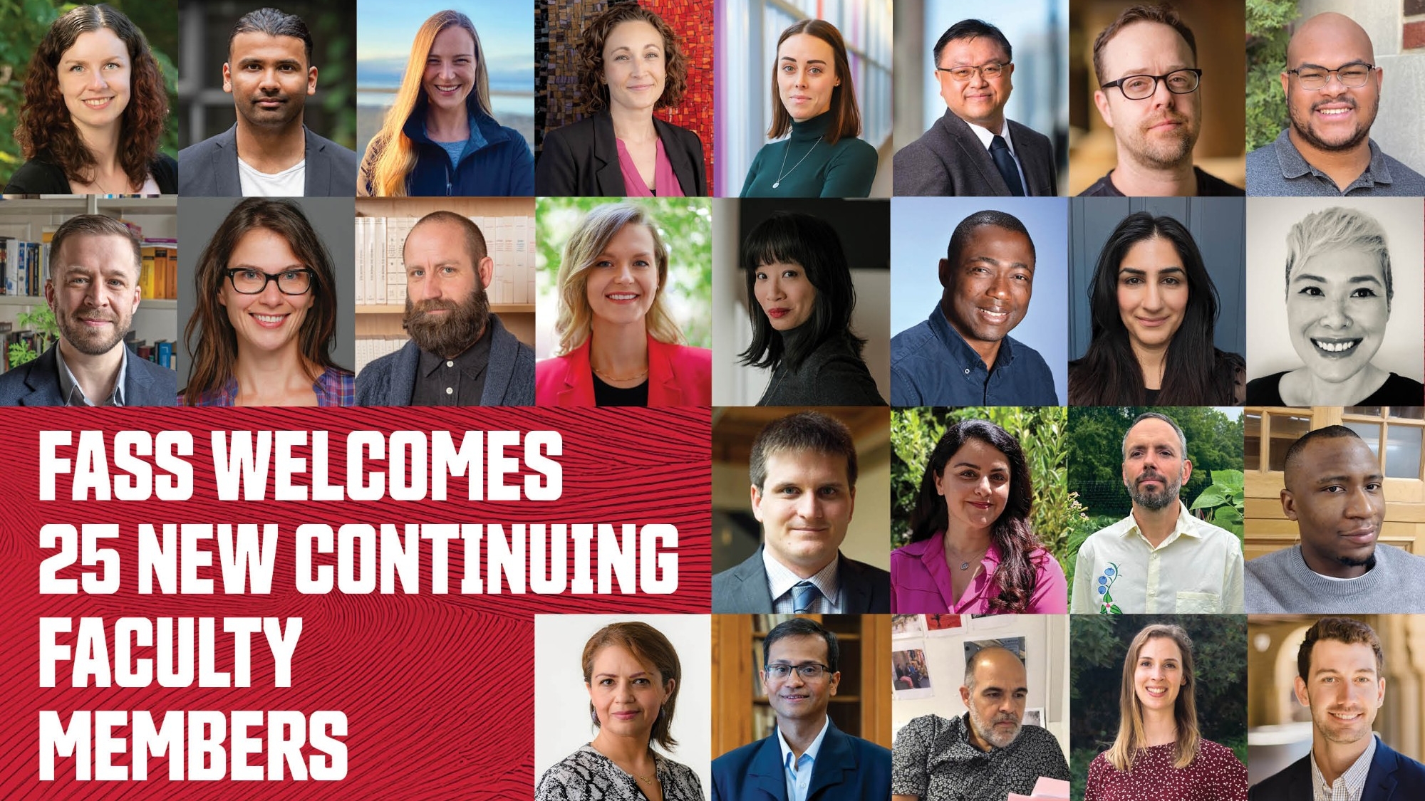 25 headshot photos in a grid layout, with "FASS welcomes 25 new continuing faculty members" in white text against a red background. 