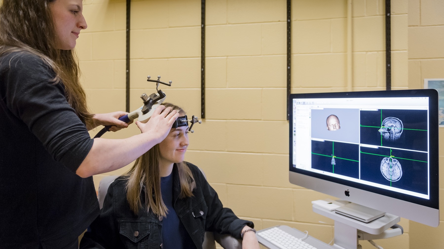 Two students in a FASS Psychology lab looking at live scans of a brain.