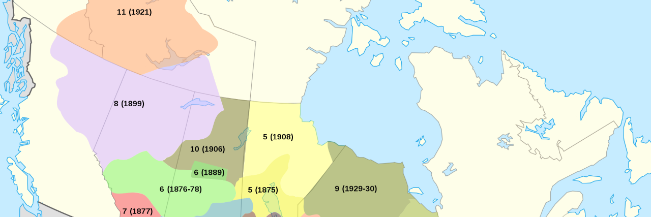 A colourful map showcasing the different treaties throughout Canada, used for decorative purposes while the course goes much deeper into this topic. To the left of the map is white text overylaying red blocks that read: ACQUIRE CRITICAL INSIGHTS