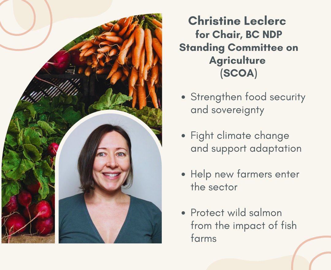 Christine Leclerc for Chair, BC NDP Standing Committee on Agriculture (SCOA) Strengthen food security and sovereignty Fight climate change and support adaptation Help new farmers enter the sector Protect wild salmon from the impact of ... (Instagram Post)