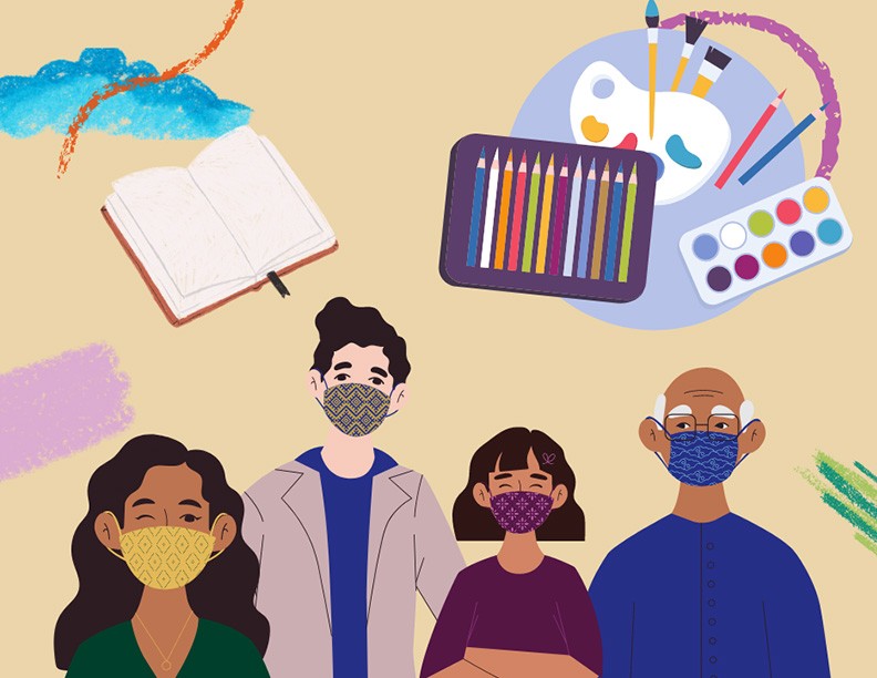 An illustration of four people wearing fabric face masks. They stand in front of a tan coloured background. Above them, is a book, some pencil crayons, and a pallette of paint with brushes.