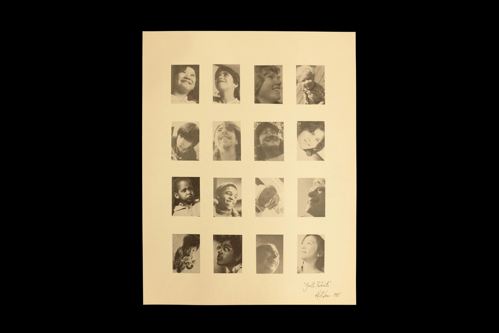 Image Description: An offset lithograph on newsprint presents a grid of 16 black and white photographic portraits; of diverse youth ranging in age from infants to young adults. Each portrait is closely cropped, where the portraits’ smiling faces gaze outward in various directions.