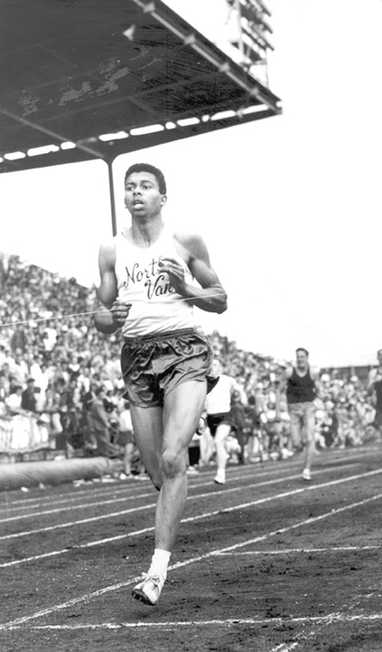 Teck Gallery, Harry Jerome of North Vancouver High School breaking Percy Williams' record from 1928 (220 yds. in 21.9 seconds.) Photo courtesy of the North Vancouver Archives.
