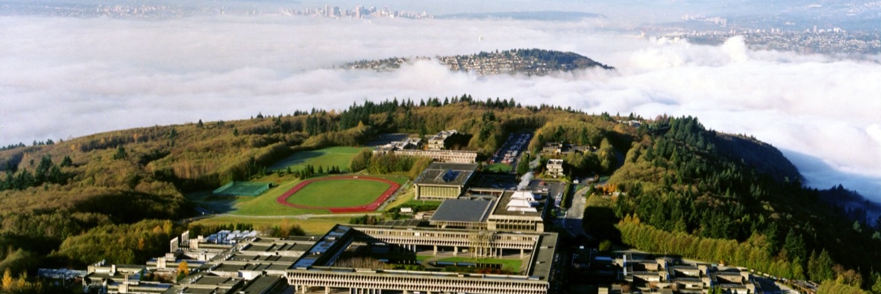 aerial image SFU campus in the mist