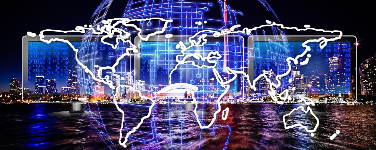 photo of city overlaid with a digital map