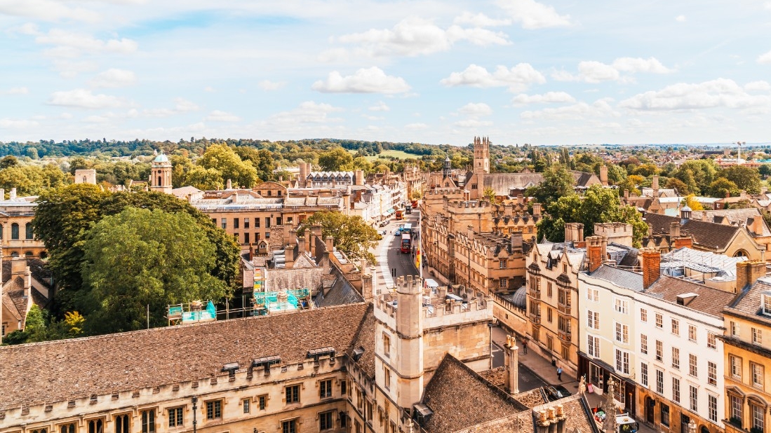 Oxford, UK - August 29, 2019: High angle view of High Street of Oxford 