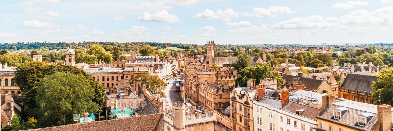 Oxford, UK - August 29, 2019: High angle view of High Street of Oxford 