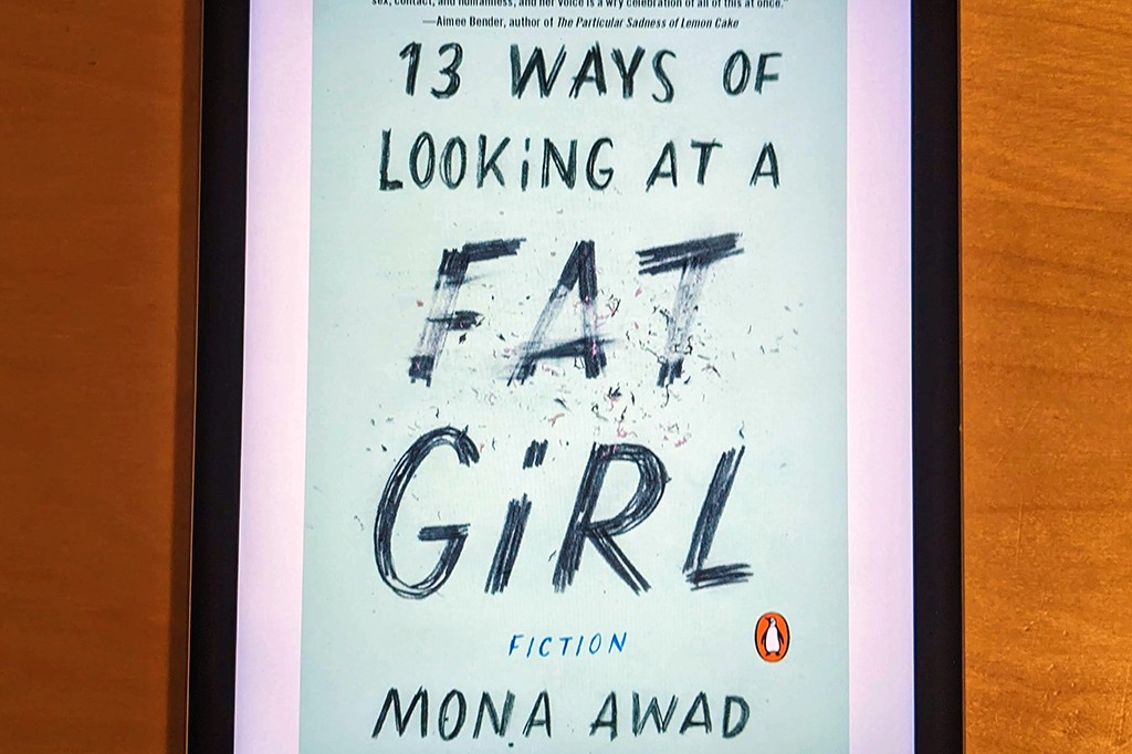 Photo of a book on an ipad screen, text reads: Voice is a wry celebration of all of this at once. -Aimee Bender, author of The Particular Sadness of Lemon Cake 13 WAYS OF LOOKING AT A FAT GiRL FICTION MONA AWAD