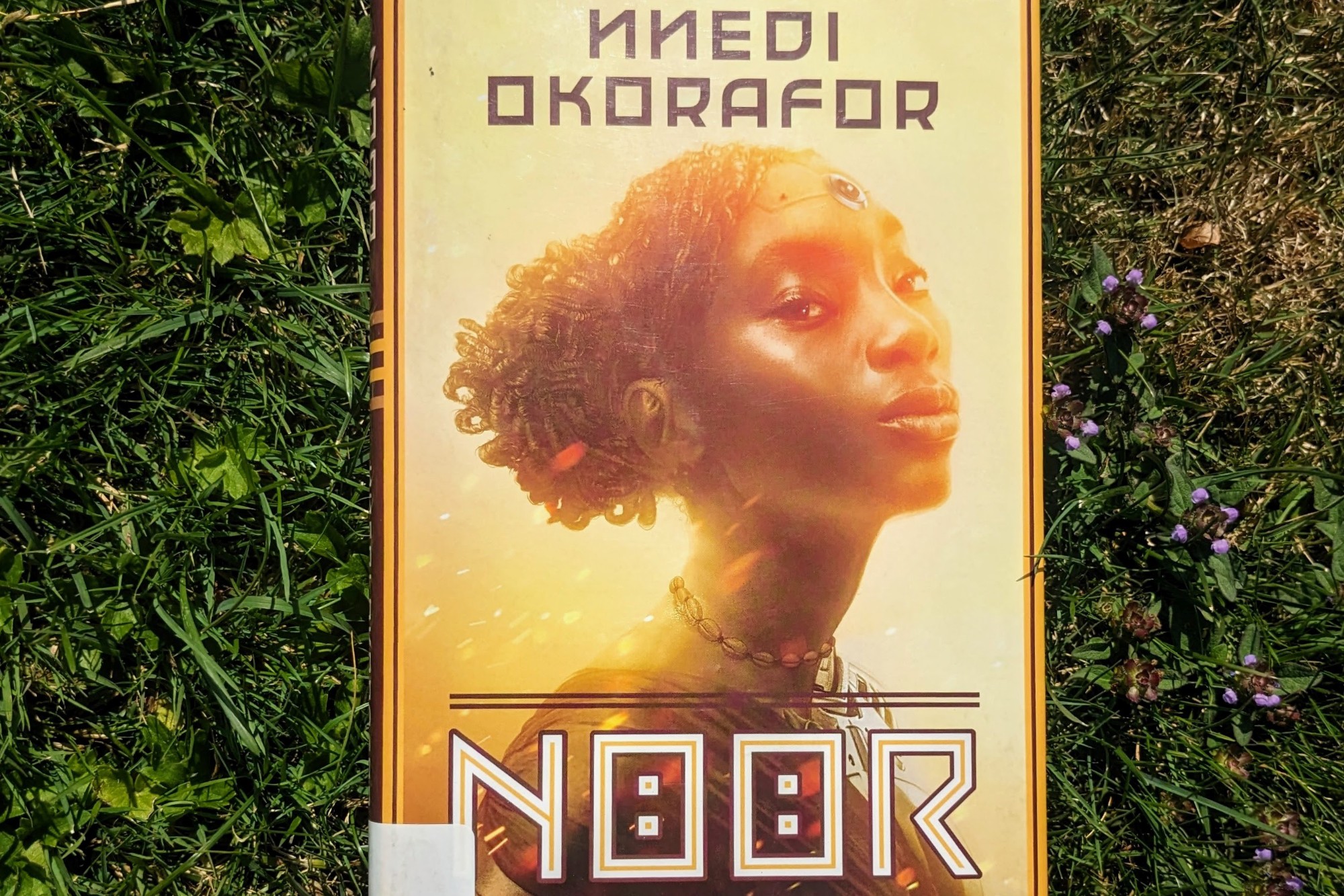 A copy of Noor by Nnedi Okorafor lying on grass. 