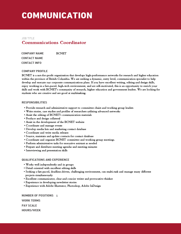 Communication Sample Job Description