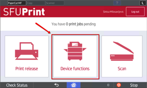 Selecting device functions on touch screen