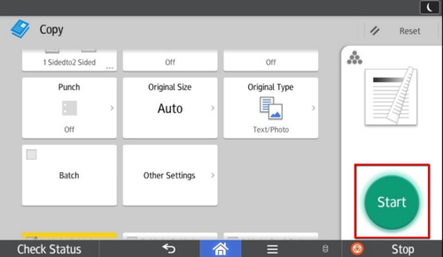 Initiate photocopy job by pressing start
