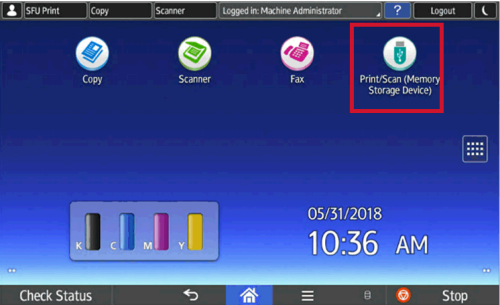 Selecting print/scan (memory storage device) on touch screen
