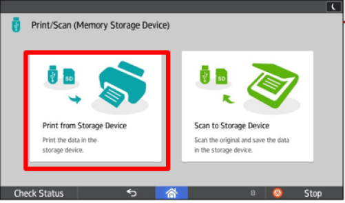 Selecting "print from storage device" on touch screen