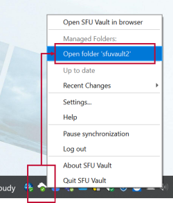 Opening your SFU Vault folder from the Vault icon in the Taskbar