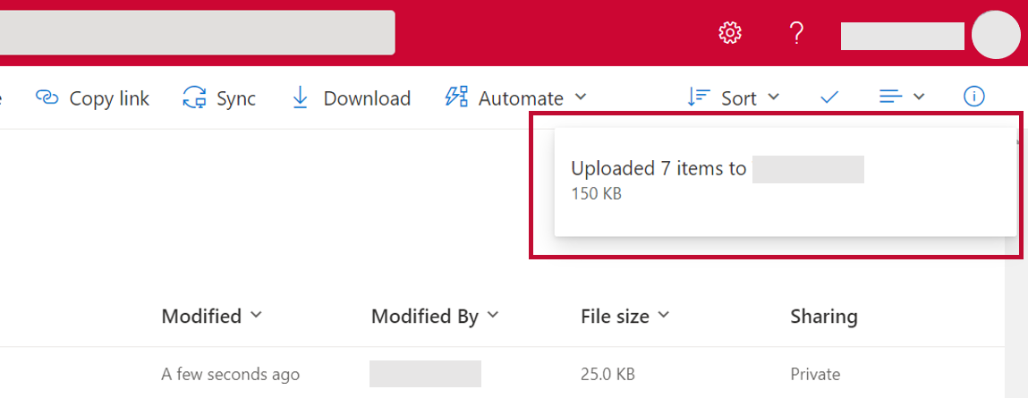 Pop-up notification indicating that all files have been successfully uploaded