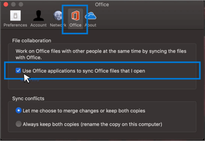 Checkbox for "Use Office applications to sync Office files that I open" on Mac