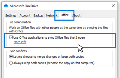 Checkbox for "Use Office applications to sync Office files that I open" on Windows