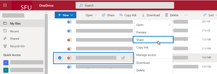 On the OneDrive website, right-click the file or folder and select share
