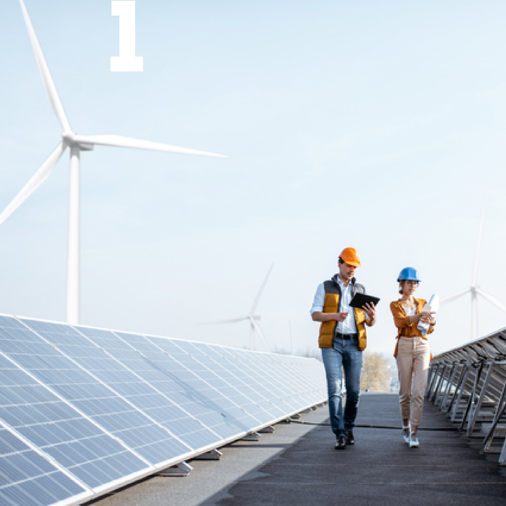 Two people wearing safety helmets walking in between solar panels and windmills