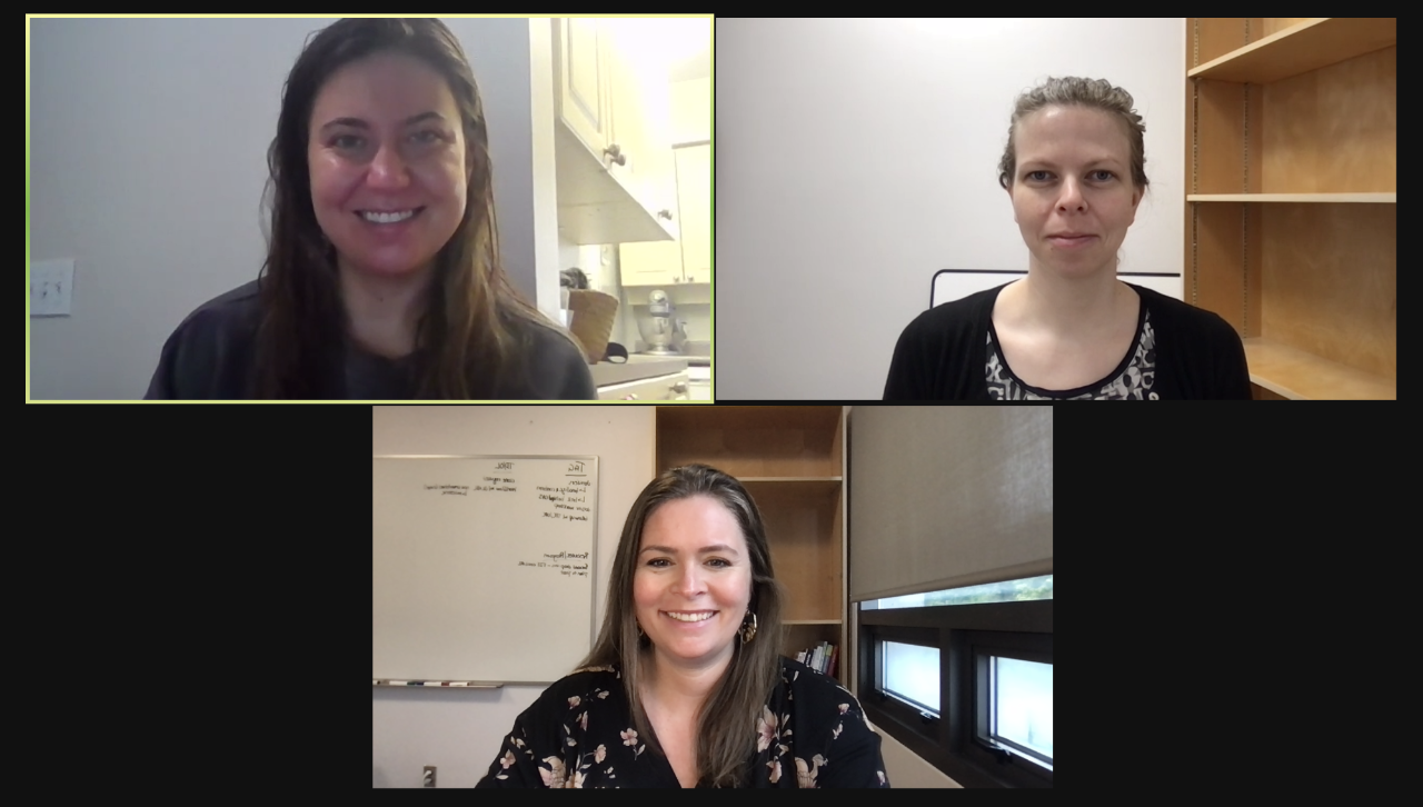 Three female staff members from SFU’s Centre for Educational Excellence are facilitating a Zoom workshop on learning. Two of the women are smiling broadly, while one woman is grinning.