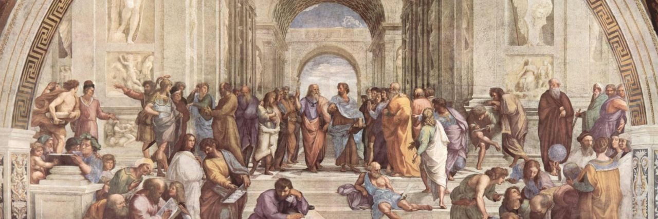 The School of Athens by Raphael, depicting philosophers in a grand architectural setting.
