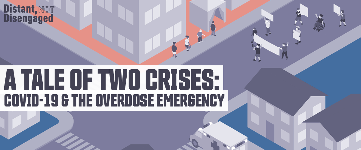 Colourful illustration of people holding signs and marching down a street. To their left, people orderly line up in front of an overdose prevention site. An ambulance drives by.