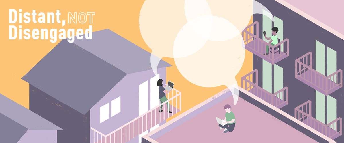 Colourful illustration of three people on separate rooftops and balconies using their laptops and phone to converse. Each person has a speech bubble that connects.