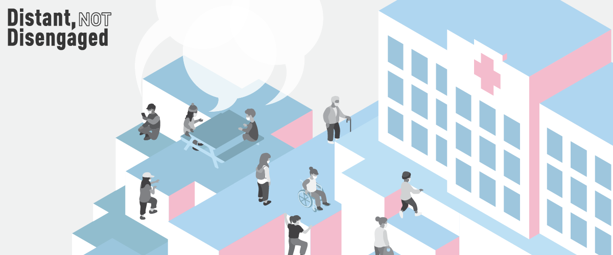 Colourful illustration of people of various genders and physical abilities interacting, walking and climbing up varied levels to get to a hospital. Some people wearing masks and talking at a picnic table and another looking at their phone have connected speech bubbles about their head.