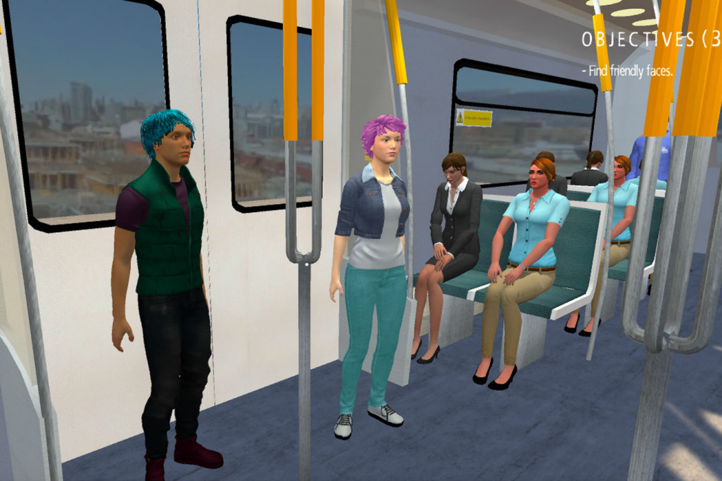 In Scene 2, Aja is exploring the transit system. They enter a train and find the pointed stares of passengers anxiety-provoking and are fearful of potential transphobia. 