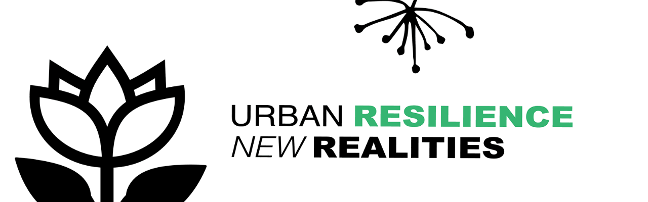 SFU Urban Studies logo in the top right corner. Illustrations of flowers in the top and left sides of the image. Text in the middle reads, "5 - 7 PM online Feb 24. Urban Resilience: New Realities in collaboration wtih SFU Public Square