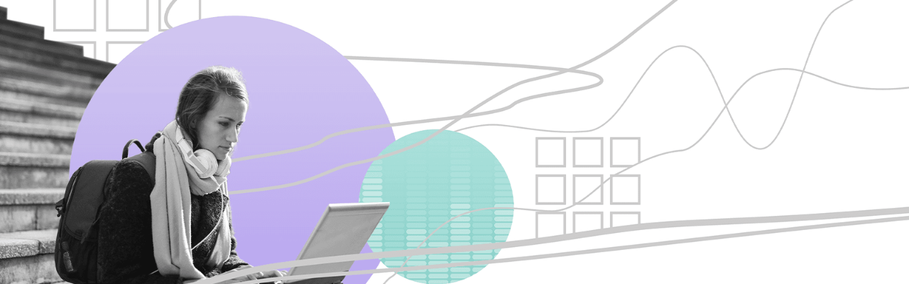 Illustration of a female student, in black and white and to the left of the image, sitting with headphones around her neck and a laptop. Behind her, there is a large purple circle, and a turquoise circle to her left. The rest background is white, with grey lines and square designs. The bottom left reads” “Zooming in: Education in 2021.” The top right is a logo that reads: “2021 Community Summit Towards Equity.”