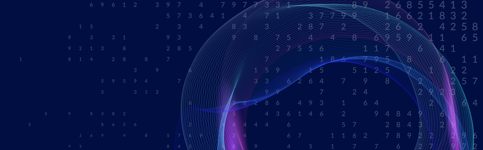 Geometric circular shape with a digital theme against a dark blue background.