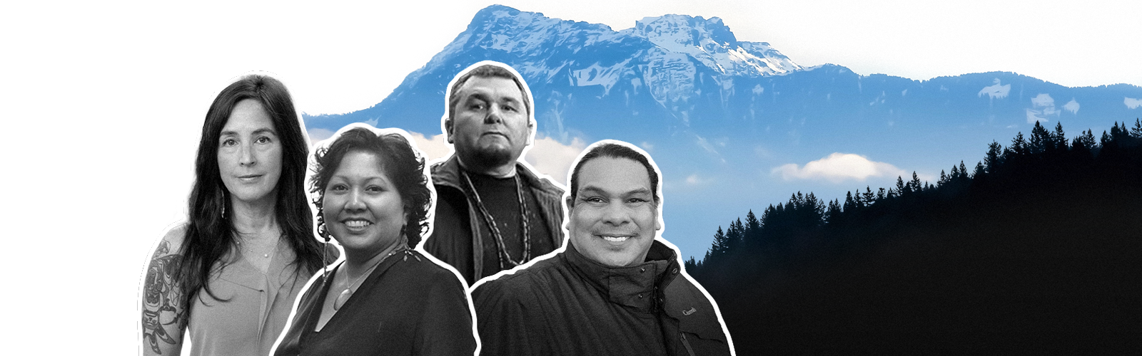 Black and white headshots of Wenona Hall, Charlene Aleck, Rueben George and Gabriel George against a backdrop of Lhílheqey (also called Cheam Mountain)