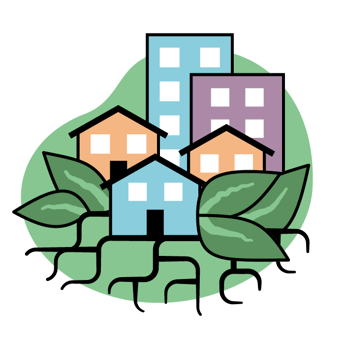 An illustrated icon featuring houses and high-rise buildings growing leaves and roots, representing vibrant and connected communities. This image links to SFU Public Square events and resources on the topic of community building.