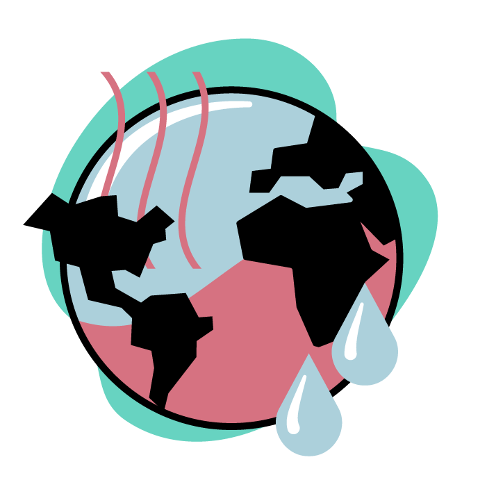 An illustrated icon of a warming planet Earth, with red heat lines and blue water droplets. This image links to SFU Public Square events and resources on the topic of climate and the environment.