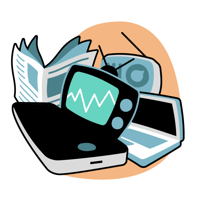 An illustrated icon featuring a smartphone, a TV, a radio, a laptop and a newspaper. This image links to SFU Public Square events and resources on the topic of media and information.