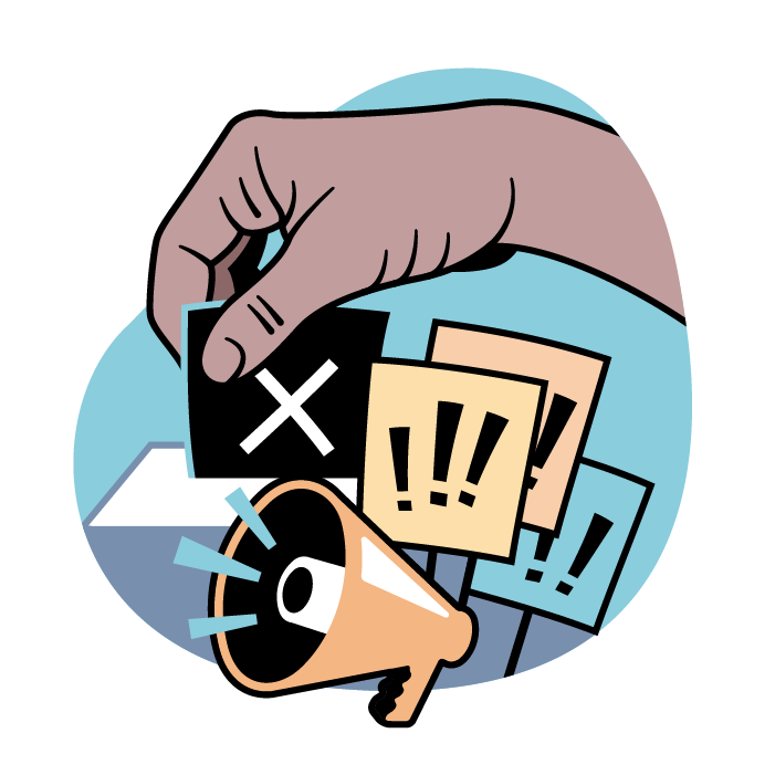 An illustrated icon of a megaphone, protest signs, and a hand inserting an election ballot into a ballot box. This image links to SFU Public Square events and resources on the topic of democracy.