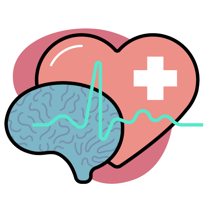 An illustrated icon of a red heart with a white cross on it, a blue brain, and a jagged teal line of a heart monitor readout. This image links to SFU Public Square events and resources on the topic of health.