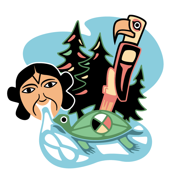 Kat Moyou illustrates the diverse and intertribal voices passed on and reclaimed across Indigenous Canada. Water, giver of all life, flows from the mouth of an Inuk Elder, representing the passing down of knowledge. The moving water evokes the Métis flag, symbolizing a birth of a new nation and its declaration to exist forever. A turtle rises up from the water, known as turtle island, holding the lessons of the medicine wheel. A First Nations talking stick boldly holds space for the voice of the one that would take hold of it. Trees and water speak to the history of stewardship of the earth as well as the land protectors’ work towards respect and preservation. This image links to SFU Public Square events and resources centring Indigenous voices on topics including decolonization, reconciliation, and Indigenous histories and cultures.