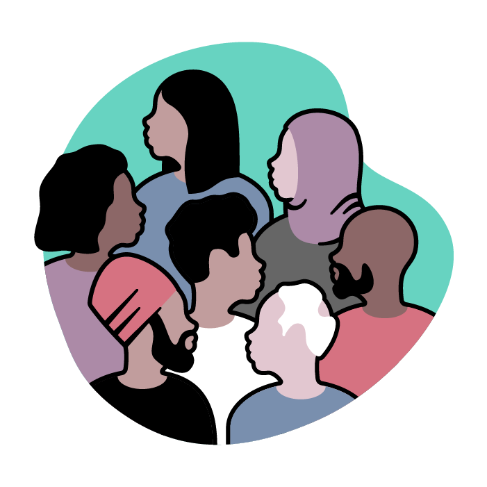 An illustrated icon featuring a group of people of diverse races, ages, genders and religions. This image links to SFU Public Square events and resources on the topic of equity and justice.