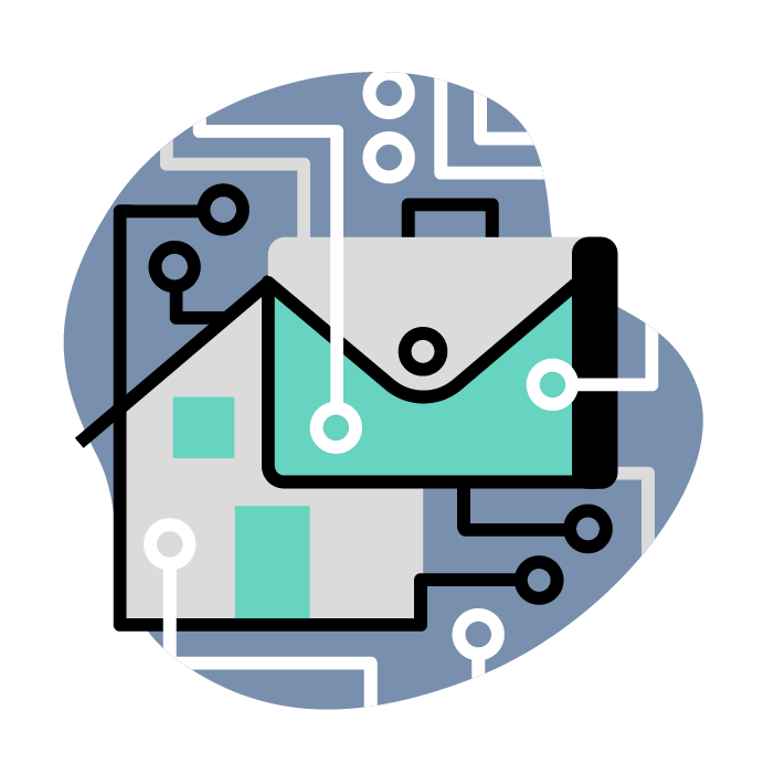 An illustrated icon representing the changing nature of work and workplaces, featuring a briefcase intersecting with a house, and the lines and circles of an electronic circuit board. This image links to SFU Public Square events and resources on the topic of the future of work.