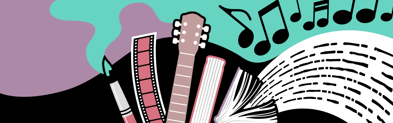 An illustration featuring imagery related to arts and culture, including a paintbrush, a film strip, a guitar neck, books, and music notes.
