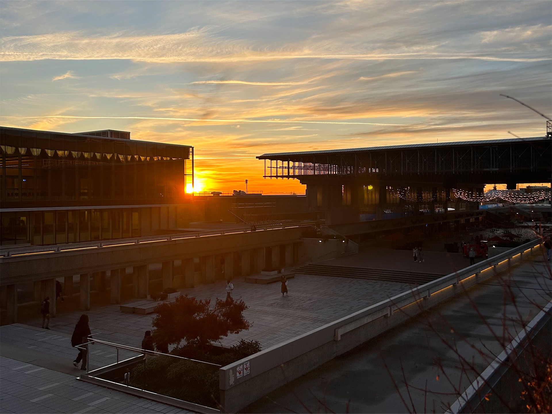 An image of the setting sun lighting the quad of SFU Burnaby campus.